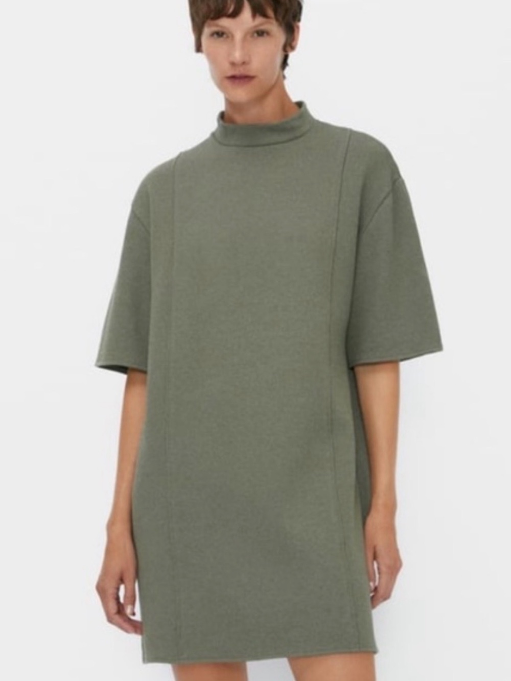 Zara NWT Mock Neck Exposed Seam Mini Dress Olive Gray Size S